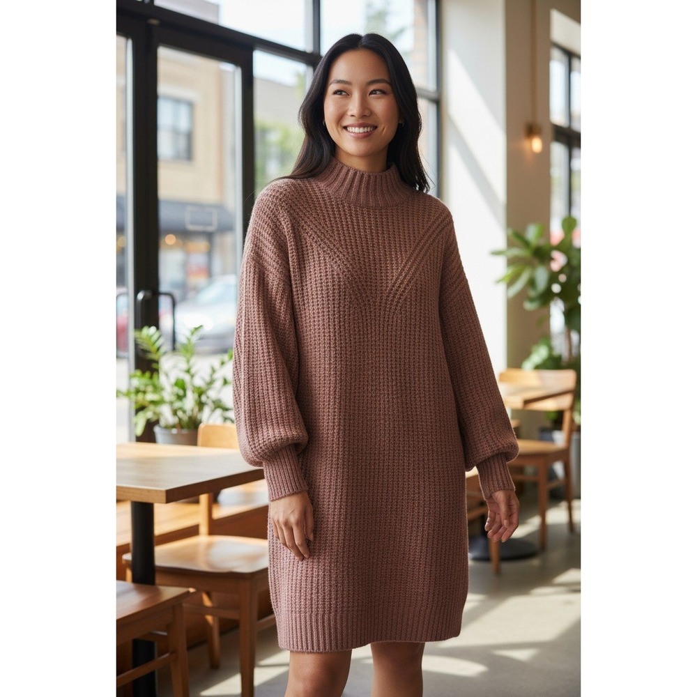 Old Navy Sweater Shift Dress Mock Neck Horsing Around Knit Casual Brown‎ XS NWT